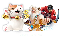 ไทล์ค่าย Microgaming เป็นภาพแมวกวักและตัวละครอีกสองตัว