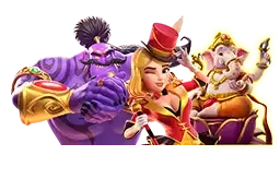 ไทล์เมนูของค่ายสล็อต PG Soft เป็นภาพตัวละครสามตัวในชุดแฟนตาซี