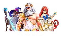 ไทล์เมนูค่าย Pragmatic Play เป็นภาพตัวละครในเกมสามตัวยืนเรียงกัน