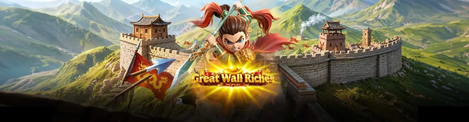 แบนเนอร์เกมสล็อตธีมกำแพงเมืองจีนที่หมุนอยู่บนหน้าแรกของเว็บ